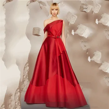 UZN Червени елегантни вечерни рокли трапецовидна форма с едно рамо 2023, асиметричен колан за врата, рокля на принцеса за бала, саудовско-арабското вечерна рокля