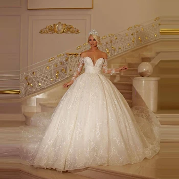 Сватбена рокля с дантелен аппликацией и отворени рамене, реколта сватбени и бални рокли с дълги ръкави, бродирани с мъниста, сватбени рокли в Дубай, Vestido De Noiva