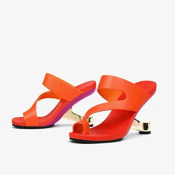 Оранжеви дамски сандали без закопчалка черен цвят с кръгла пръсти, с височина до 8 см в необикновен метален ток за танци и посещения на задържани стил HL508 MUYISEXI