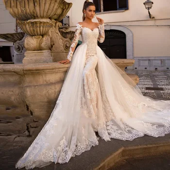 Дантелено сватбена рокля Русалка, без презрамки, подвижна панделка с дълъг ръкав, луксозна рокля на булката от тюл Vestidos De Новия