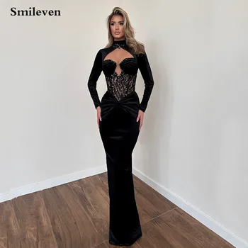 Класически Черни официални рокли Smileven с дълъг ръкав, с високо воротом, бродирани с мъниста, Саудитска Арабия, секси вечерна рокля за бала 2023