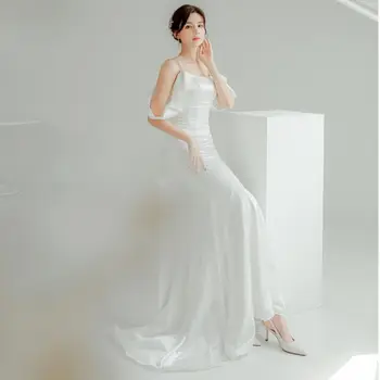 Елегантен женски халат за баня с риба опашка на спагети презрамки-спагети, Секси, очарователно сватбена рокля с отворен гръб, просто рокля на булката по поръчка SWD1030