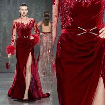 Ziad nakad Вино-Червено бархатное приталенное рокля с цепка и дълъг ръкав от висок клас за Младоженци, Сватбен коктейл за годеж