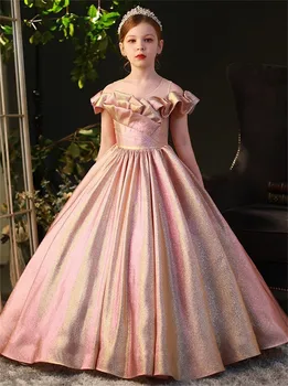 Розова блестяща рокля с цветя модел за момичета, елегантна бална рокля на принцеса за детски рожден ден, рокля за първо причастие с прост лък с дължина до пода