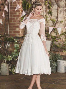 Булчинска рокля с 3/4 ръкави, къси женски сватбена рокля чаена дължина, лейси апликация с открити рамене