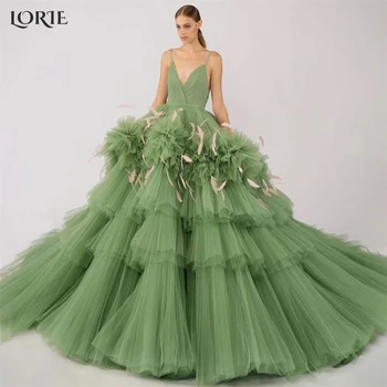 Вечерни рокли LORIE Grass Green с дълбоко V-образно деколте, бална рокля с пера на гърба, на много нива рокли за буйните партита с къдри от тюл