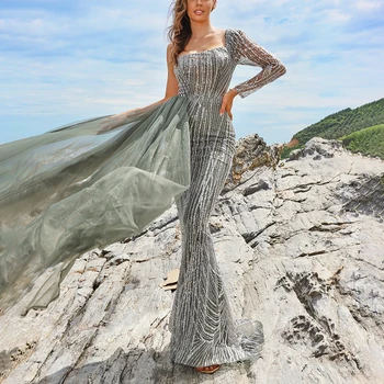 Един КОКТЕЙЛ рокля на BONIBON ръчно изработени, расшитое мъниста, с мокър шал, с дълбоко деколте във формата на рибено опашката, вечерна рокля за банкет, танци, специален подиум