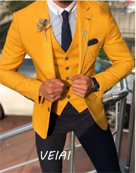 Мъжки оборудвана жълто сако от 3 теми, сватбен бизнес смокинг, ушити по поръчка костюми на младоженеца с однобортным пиджаком, панталони и жилетка