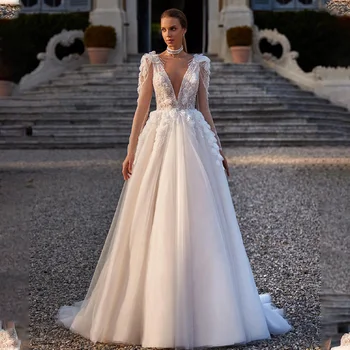Елегантни дълги ръкави, с V-образно деколте, лейси апликация, плажни сватбени рокли в стил бохо, вечерна рокля за младоженци 2023, Vestido De Noival