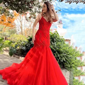 Вечерни рокли AIOVOX с аппликацией във формата на русалки, червени вечерни рокли с тънки бретелях, отворени вечерни рокли в ретро стил 
