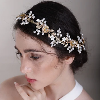 Модерен сватбена прическа, прическа, превръзка на главата, Цветя от сплав с перли, диадема Принцеса, Аксесоари със златни цветя