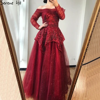 Вечерни рокли Трапецовидна форма Serene Hill Вино-Червено 2023, Дубайское Вечерна рокля с дълги Ръкави, Расшитое мъниста, Дизайн LA70692
