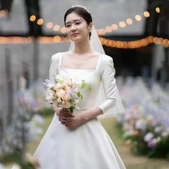празнична сватбена рокля Джан Nala Star, пролетта атласное сватбена рокля с квадратни деколтета, проста основна прежди с дълъг ръкав
