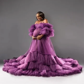 Елегантна лилава рокля за бременни, за да снимам, секси рокля за бременни с открити рамене и пластове волани, пищни, пушистое за душата на детето