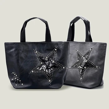 Чанта през рамо от изкуствена кожа с голям капацитет, дамски модни дизайнерска чанта в стил ретро с перли и звездите, украсени с пайети, универсални ежедневни чанти през рамо за жени