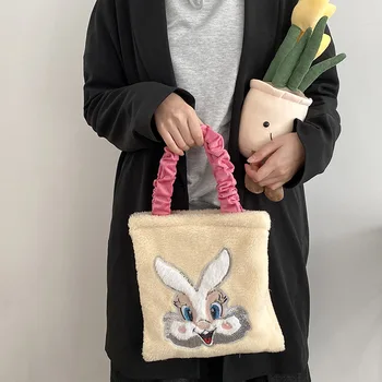 Дамски мека чанта-портфейл с цип, женски малки чанти от вълна от овце, женствена чанта през рамо с заек