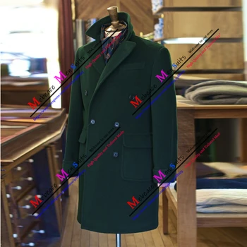 Красива зимна тъмно зелен Костюм, якета, двубортное вълнена гъст мъжко палто, приталенные топло палто, дълго сако за младоженеца