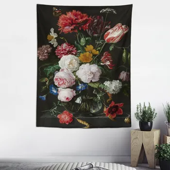 Живопис с маслени бои с цвете лале и птици, декорация бохемски градина, стенен гоблен, текстилен гоблен за стените на стаята