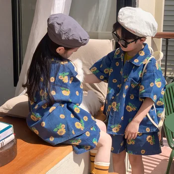 Детски деним костюм 2023, Годишният корейски модерен деним костюм със слънчоглед за момичета, Тениска + Шорти, Анцузи-двойка за момчета от 2 до 10 години