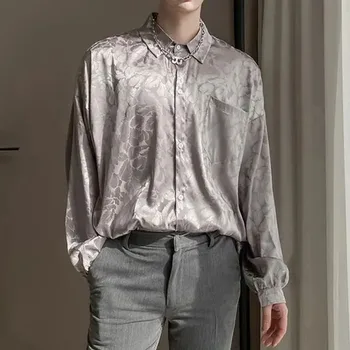 2023 Нова мъжка копринена риза от сатен жакард с дълъг ръкав, корейската мода, без монофонични модерен Луксозен и елегантен, ден за ден копринена камизола