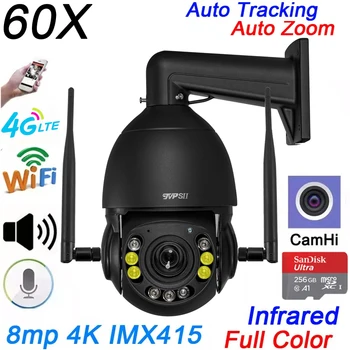 Черна Пълноцветен Камера с Автоматично Проследяване на CamHi 8MP 4K IMX415 256G 60-КРАТНО Увеличение на Аудио 360 ° AI Аларма WIFI 4G PTZ IP Speed of Doom Камера за Сигурност