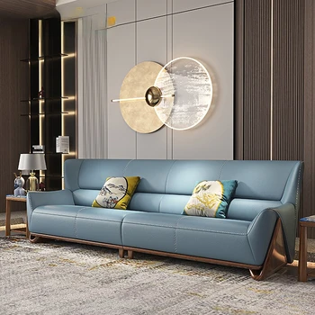 Модерен минималистичен луксозен кожен диван, нов китайски ъглова от черно дърво, на най-горния слой от телешка кожа, мебели за малка дневна от висок клас