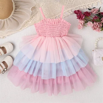 Новост 2023 г., елегантна фатиновое рокля за момиченца от 4 до 7 години, без ръкави, с контрастиращ цвят, ламинирано рокля-пакетче принцеса