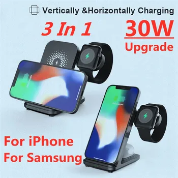 Безжична поставка за зарядно устройство с мощност 30 W за iPhone 13 12 11 X Apple Samsung Watch 3 в 1, док-станция за бързо зареждане Airpods Pro iWatch