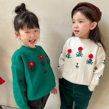 Нови зимни възли пуловери за малки момичета с бродерия в корейски стил, изолирана, пуловери, блузи, детски сладък пуловер