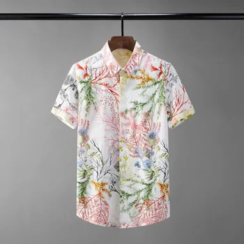 Мъжки ризи 100% памук Minglu, луксозни мъжки ризи с цифрово принтом Морски водорасли с къс ръкав, прилепнали вечерни мъжки ризи 4xl