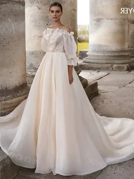Сватбена рокля от тюл в стил Бохо, расшитое мъниста, с пищни ръкави, трапецовидна форма, с хрустальным колан, рокля на булката BECHOYER AR02, индивидуално рокля на принцеса Де Нойва