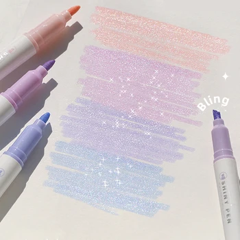 Комплект цветни блестящи химикалки 4шт, блестящ маркер-хайлайтер, 4 мм, с четка за рисуване, художествена школа, метален блясък